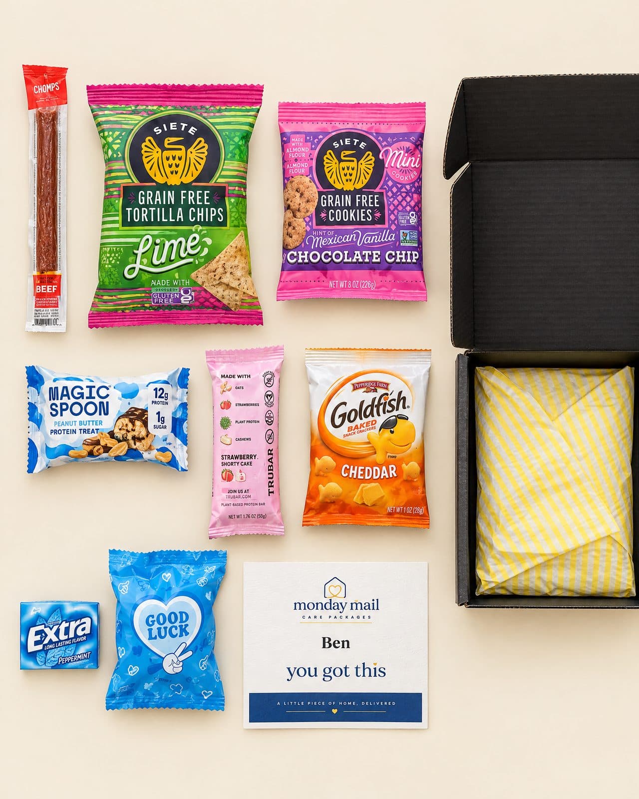 Everything in the You've Got This box laid out in rows