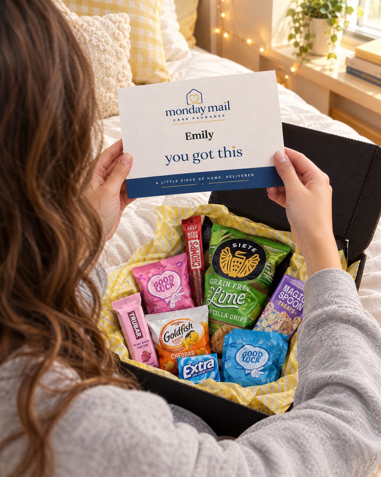 A student on her dorm bed reading her card