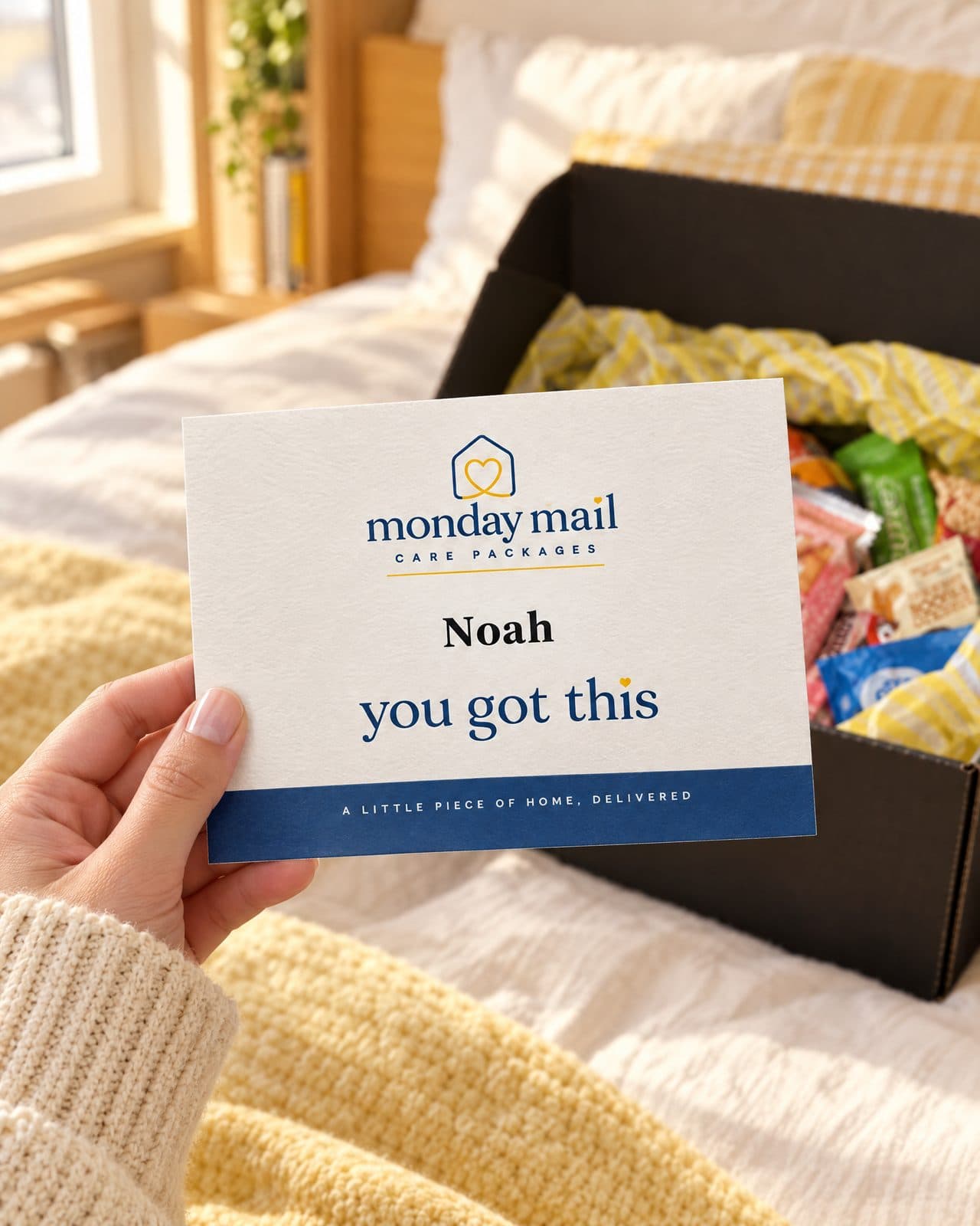 A student holding up the printed Monday Mail card that reads Noah, you got this