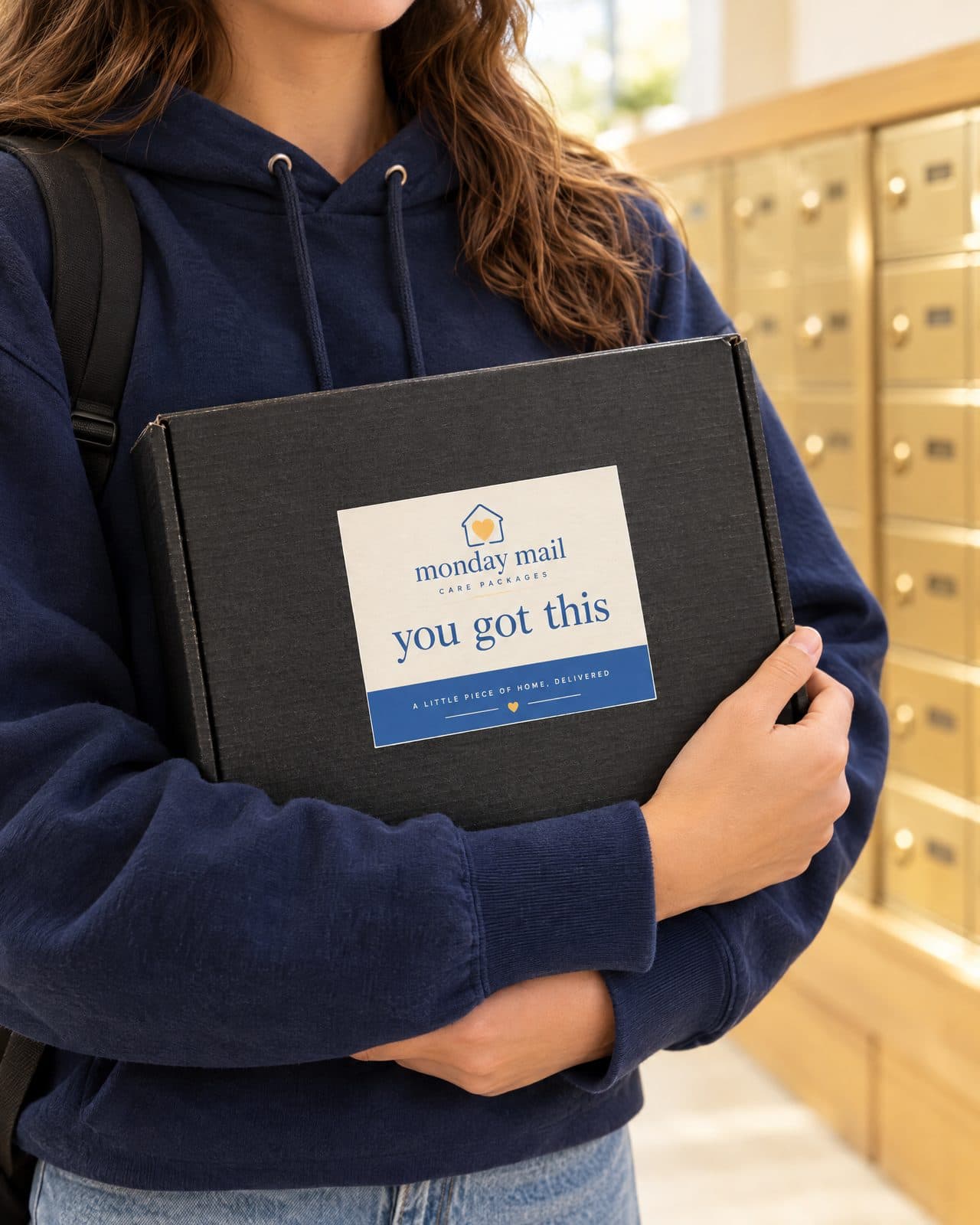 A student carrying a Monday Mail box out of the campus mailroom