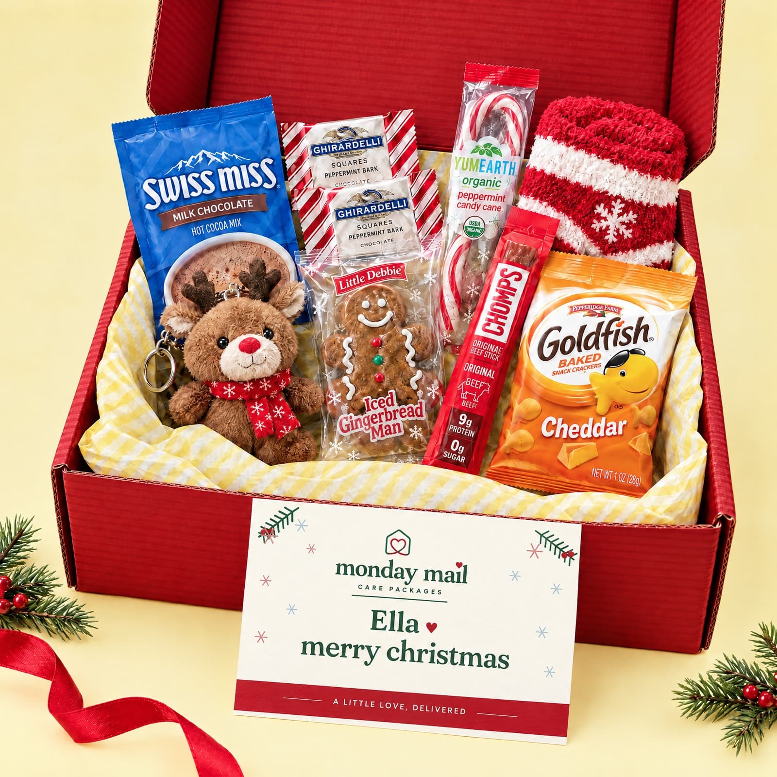 The red Home for the Holidays box with hot cocoa, peppermint bark, a candy cane, a gingerbread man, Christmas socks, a plush reindeer and a Merry Christmas card