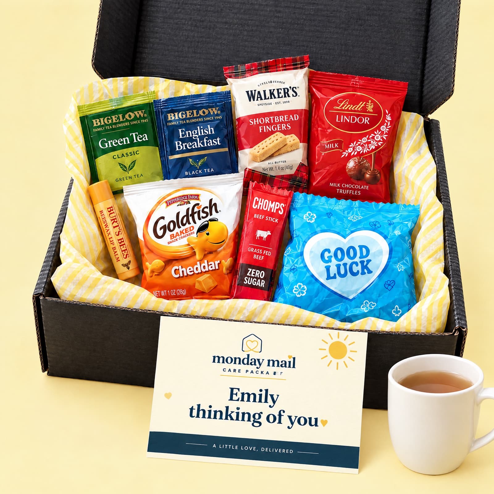The black Thinking of You box with tea, shortbread, Lindt truffles, lip balm and a Thinking of You card